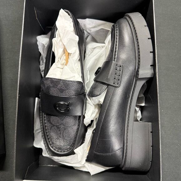 New Coach Leah Black Coated Canvas Chunky Platform Logo Loafers 8 - Picture 1 of 7